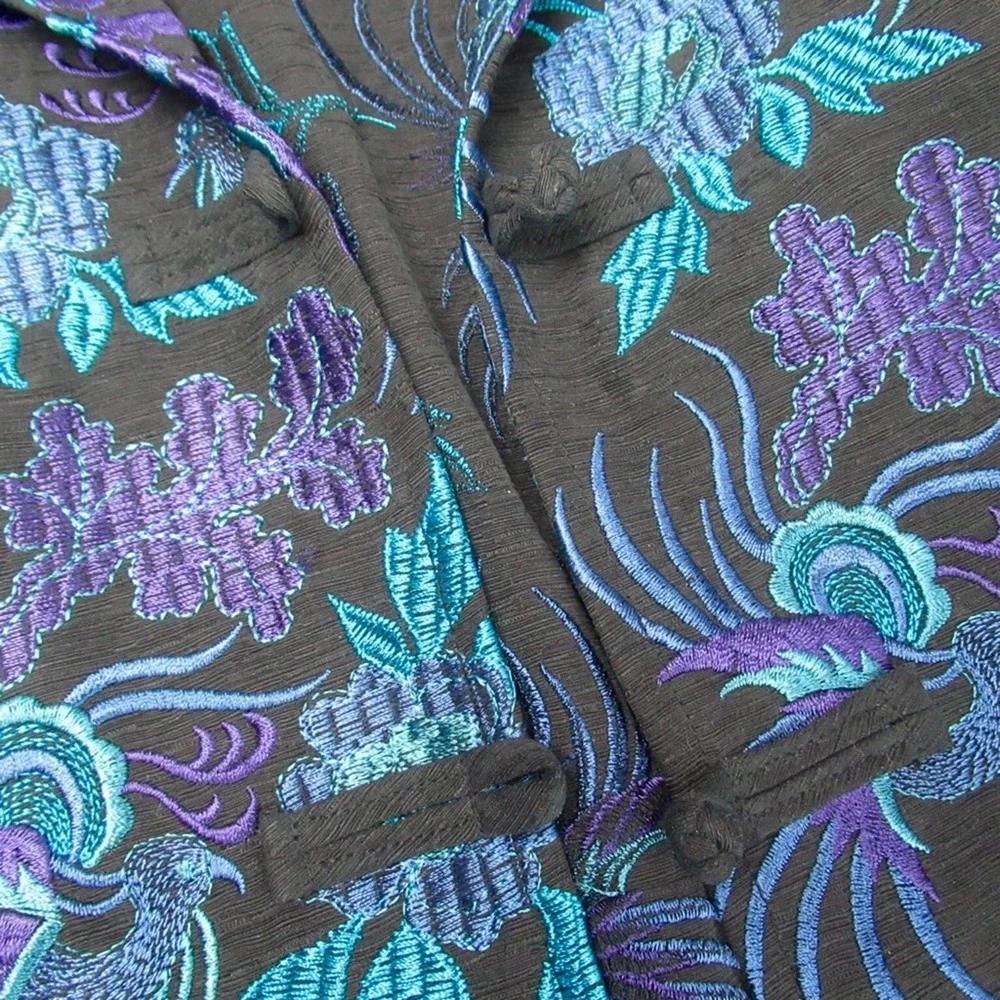CHICO’S Japanese Asian Inspired Embroidered Silk Linen Blend Toggle Front Jacket